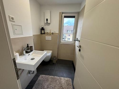łazienka z umywalką, toaletą i oknem w obiekcie Fichten Apartment w Hanowerze