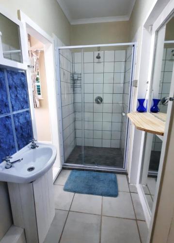 a bathroom with a shower and a sink at Mountain Valley Cottage in Byrne
