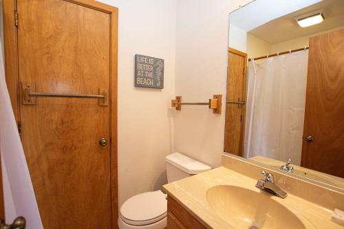 une salle de bain avec un lavabo, des toilettes et un miroir dans l'établissement Semi-Oceanfront, secluded Beach Cottage, Close to Beach! SA210, Farmer, à Sanderling