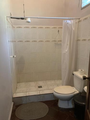 een badkamer met een toilet en een douche bij Stella Hostel Copán in Copan Ruinas