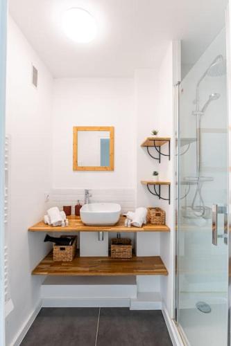 une salle de bain avec un lavabo et une douche dans l'établissement 4 personnes - 2 chambres -fibre - balcon - confort, à Grenoble