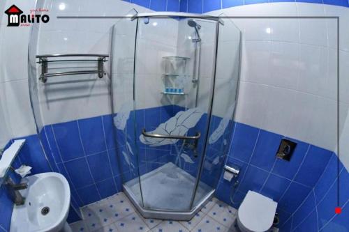 a blue and white bathroom with a shower and a toilet at Malito in Erbil