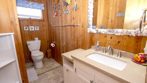 La salle de bains est pourvue d'un lavabo, de toilettes et d'un miroir. dans l'établissement SNH351, Sea Sharp- Oceanside, Close to beach, Sunroom, Carport, à Nags Head