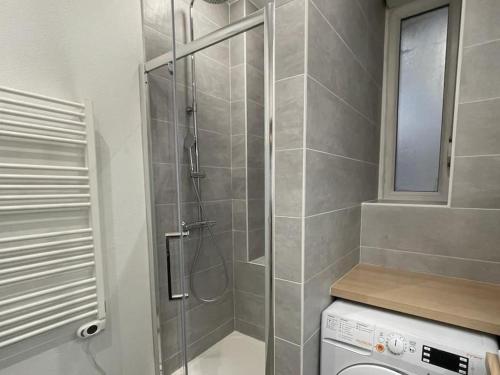 une douche avec une porte vitrée dans une salle de bain dans l'établissement Strasbourg Contades Clemenceau : ), à Strasbourg