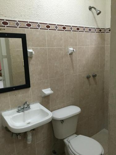 łazienka z toaletą, umywalką i lustrem w obiekcie Hotel Xalapa w mieście Veracruz