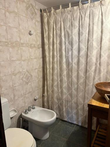 a bathroom with a toilet sink and a shower curtain at El Cortijo del Chorrillo in San Luis