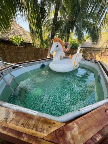 a pool with a rubber duck in the water at Backpackers Hostel in Sipacate