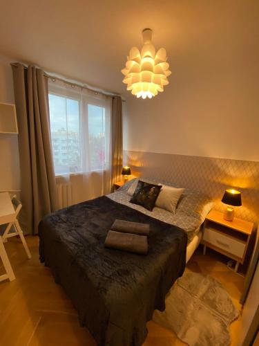 a bedroom with a large bed and a chandelier at ClickTheFlat Miła Center Apart Rooms in Warsaw