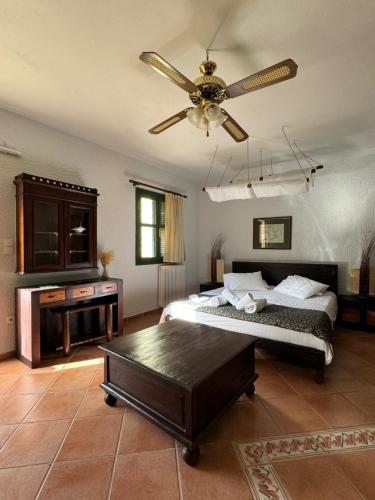 a bedroom with a bed and a ceiling fan at Muntenia Inn Apartments and Suites in Kalavrita
