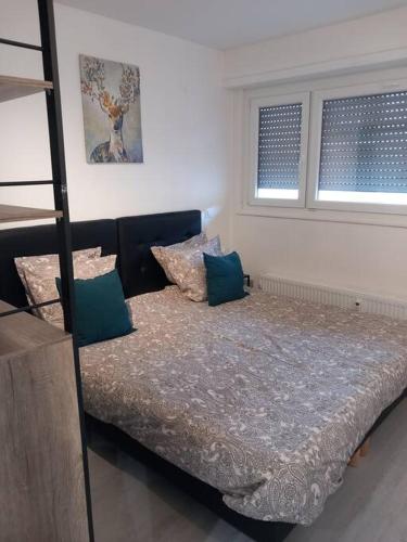 une chambre avec un lit et deux fenêtres dans l'établissement Super Appart Strasbourg 6 pers centre-ville idéal, à Strasbourg