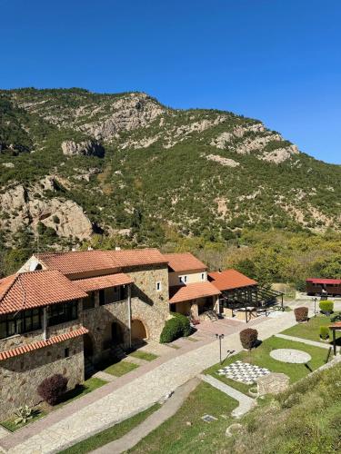 a building with a mountain in the background at Muntenia Inn Apartments and Suites in Kalavrita