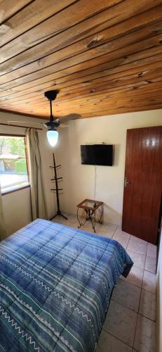 a bedroom with a bed and a flat screen tv at Casa no Arraial do Sana in Sana