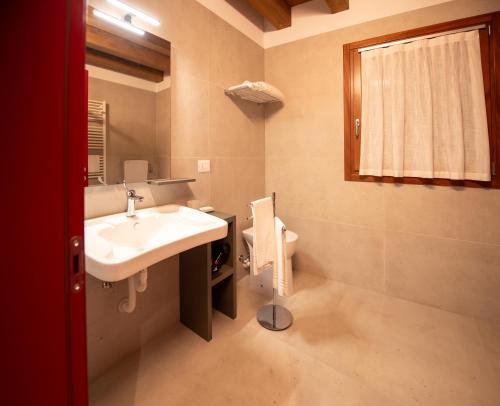 a bathroom with a sink and a toilet at Agri-alloggio le Poscole Al Canton in Castelgomberto