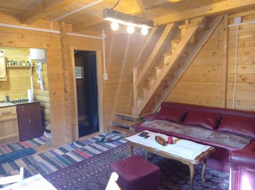 - un salon avec un canapé rouge dans une cabane en rondins dans l'établissement Vinci brvnara Omladinac, à Vinci