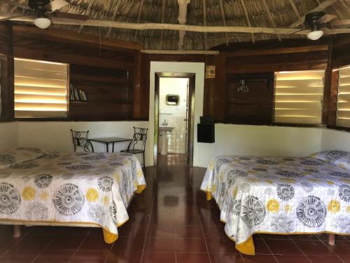1 dormitorio con 2 camas y mesa en Costa De Cocos, en Xcalak