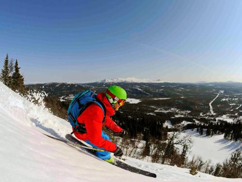 a man is skiing down a snow covered slope at Eriks Villa in Funäsdalen
