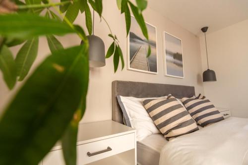 a bedroom with a bed with two pillows and a plant at Modern 3BD Spacious Apartment with Terrace - Close to Yacht Marina in Msida