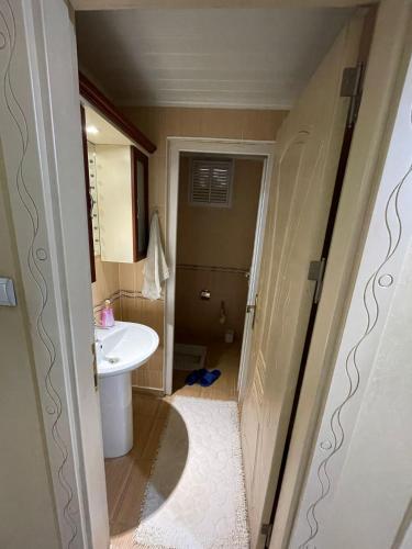 een kleine badkamer met een wastafel en een toilet bij Ahmetbay sitesi in Istanbul