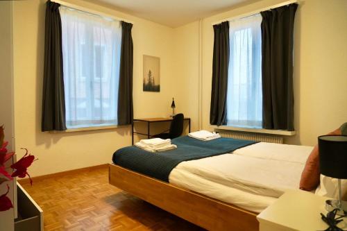 a bedroom with a bed and two windows at Swiss Stay - 2 Bedroom Apartment close to ETH Zurich in Zurich