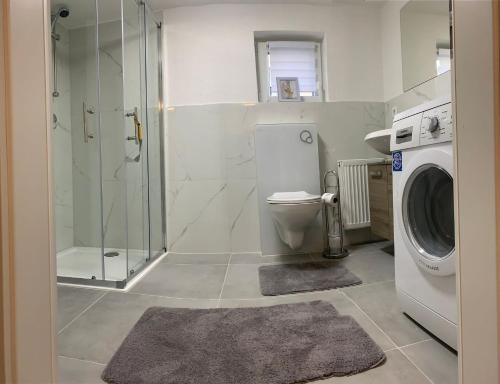 uma casa de banho com um WC e uma máquina de lavar roupa. em L&L A66 Ferienwohnung em Gründau