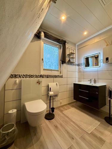 a bathroom with a toilet and a sink at Ferienhaus Veronika Odenwald in Brensbach
