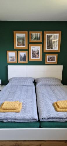 1 dormitorio con 1 cama con cuadros en la pared en Apartmán U Ludvíčka, en Smržovka