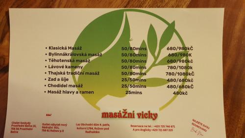 a menu for the masjid wazir valley restaurant at Apartments Beskydy in Prostřední Bečva
