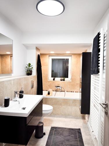 a bathroom with a sink and a toilet and a tub at Schönes modernes Einfamilienhaus für 1 bis 6 Personen in Rimpar
