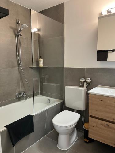 KüssabergにあるIsaak Appartment Burgnäheのトイレ、シャワー、洗面台を備えたバスルーム