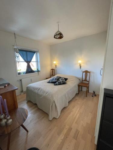um quarto com uma cama, uma cadeira e uma janela em Lake view em Aarhus