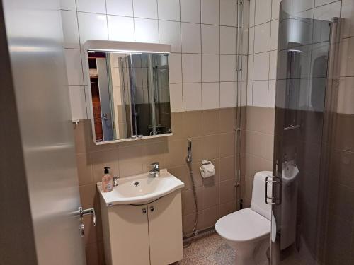 a bathroom with a sink and a toilet and a shower at Hotelli Kärsämäki in Kärsämäki