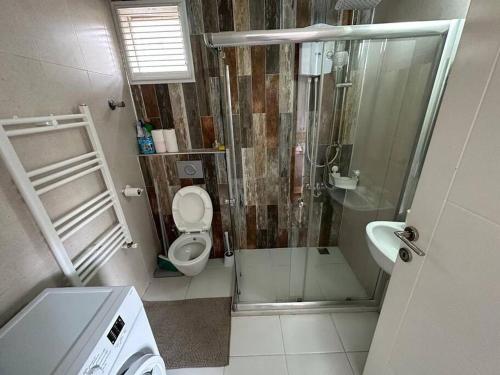a bathroom with a shower and a toilet and a sink at Deniz One Bedroom Appartment in Mezitli