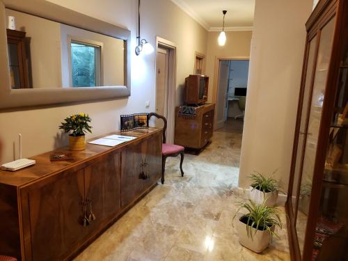 Cette chambre comprend un bureau avec un miroir et des plantes en pot. dans l'établissement Art Gallery Apartments Tirana, à Tirana