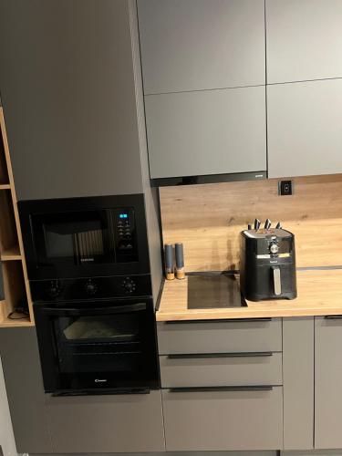 a kitchen with a microwave and a toaster oven at Avelov Art Studio in Pamporovo