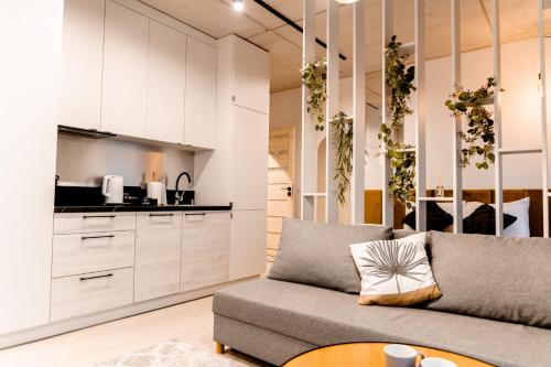 a living room with a couch and a kitchen at Hop & Lulu Premium Apartments in Gollnow