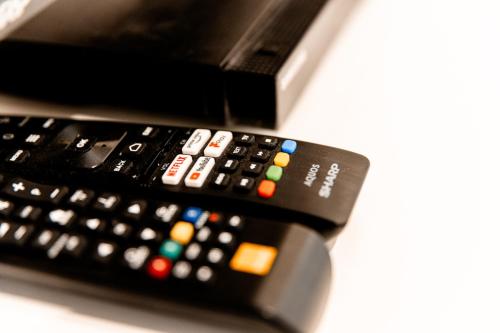 two remote controls sitting next to each other at Hop & Lulu Premium Apartments in Gollnow