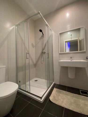 a bathroom with a shower and a toilet and a sink at St Julians Apt with Pool in St. Julianʼs