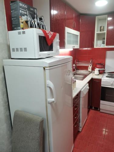 a kitchen with a white microwave on top of a refrigerator at Vila Ivana in Krajišnići