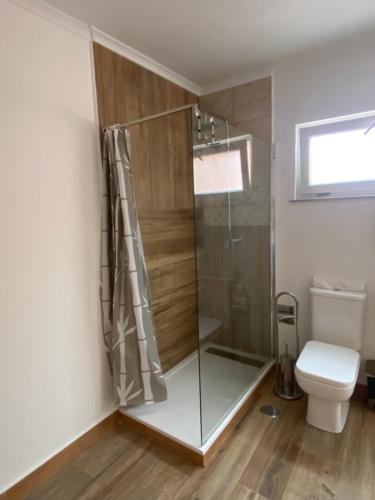 uma casa de banho com um chuveiro e um WC. em Casa dos Diogos em Grândola
