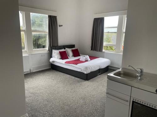 River side rooms في ساوثهامبتون: غرفة نوم بسرير مع نافذتين ومغسلة