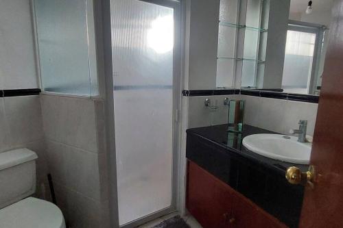 a bathroom with a shower and a toilet and a sink at "Condominio Américas" in Boca del Río