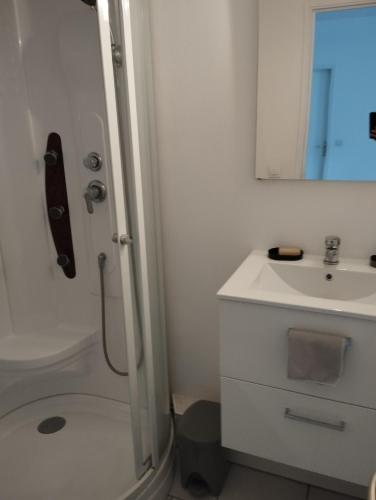 une salle de bain blanche avec une douche et un lavabo dans l'établissement studio charmant canapé lit Netflix Prime video wifi Dazn, au Havre
