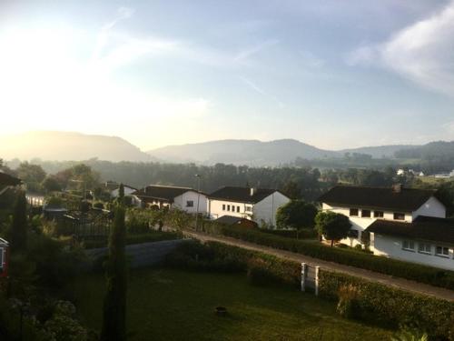 a view of a village with houses and mountains at Swiss View in Hohentengen