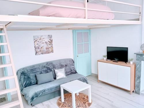 uma sala de estar com um sofá e um beliche em Appartement cosy centre-ville. em Perpignan