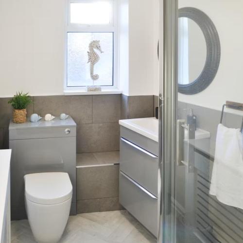 ein Badezimmer mit einem WC, einem Waschbecken und einem Spiegel in der Unterkunft Avocet Cottage Amble in Amble