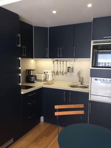 a kitchen with dark blue cabinets and a sink at Le Clos Voltaire in Chalons en Champagne