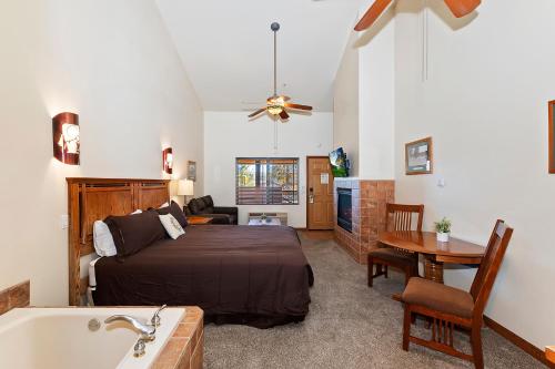1 dormitorio con 1 cama y bañera en una habitación en Robinhood Resort, en Big Bear Lake