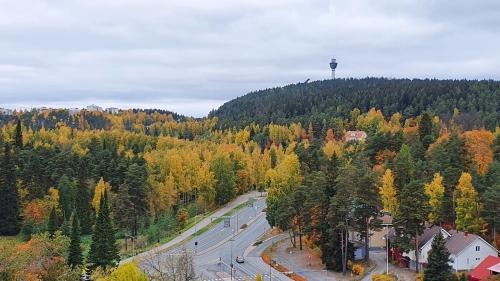 a road in the middle of a forest with a water tower at Studio 12 floor, Puijo landscape, Free parking in Kuopio