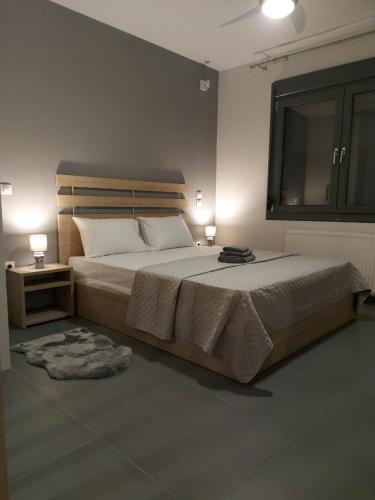 1 dormitorio con 1 cama grande con 2 lámparas y 1 alfombra en Square Apartments, en Tríkala