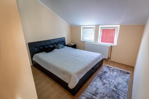 ein Schlafzimmer mit einem großen Bett und zwei Fenstern in der Unterkunft Apartman Lenka Lux in Aranđelovac
